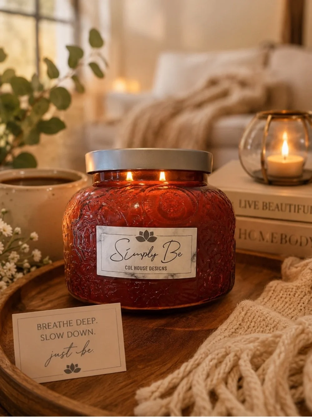 Simply Be Embossed Red Glass Candle  Cozy Home Décor Giftable Statement Candle